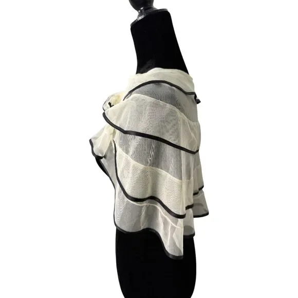 Lauren Ralph Lauren Vintage Lace Mesh Sheer Cream Black Trim Shawl Topper Scarf